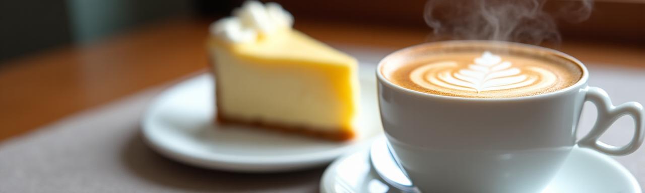 Una taza de café latte art junto a una porción de tarta de queso.