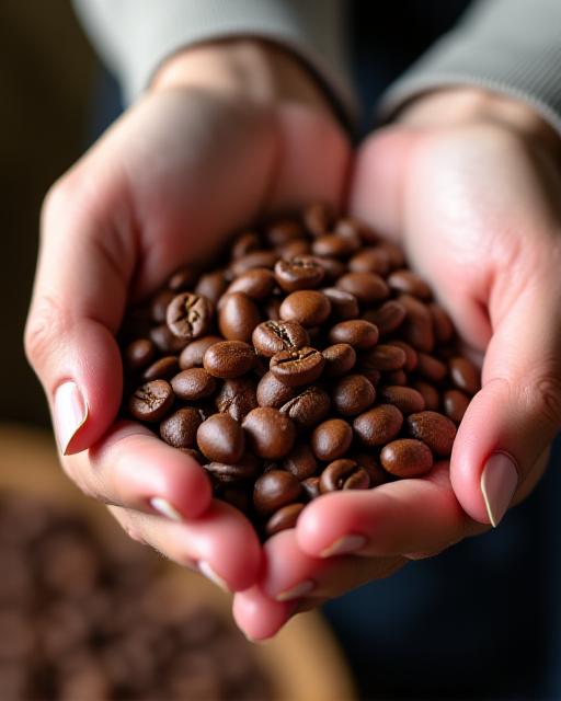 Una mano sosteniendo granos de café de especialidad recién tostados.