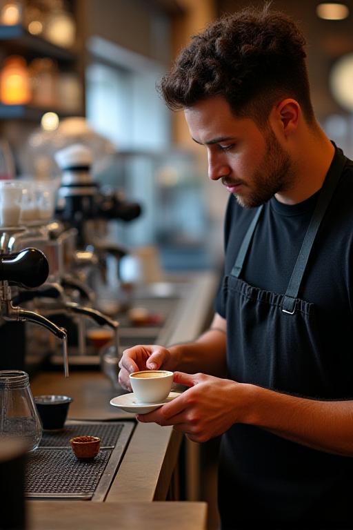 Un barista concentrado preparando un café de especialidad.