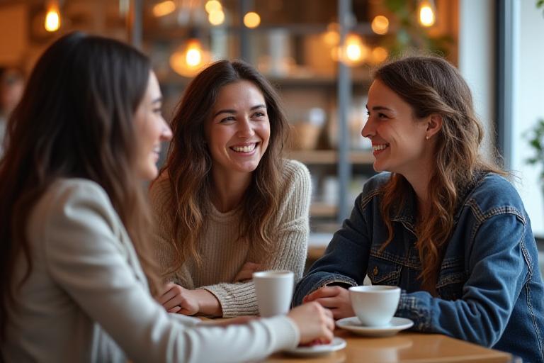 Clientes sonriendo y conversando en una mesa de la cafetería.