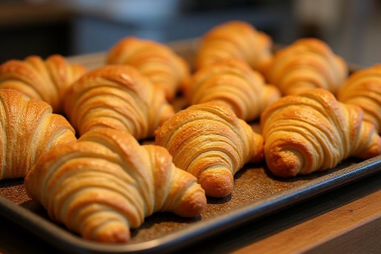 Una bandeja de croissants dorados y recién horneados.