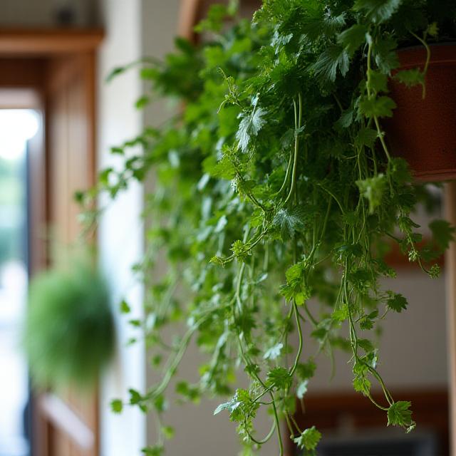 Detalle de las plantas colgantes que decoran el interior del local.