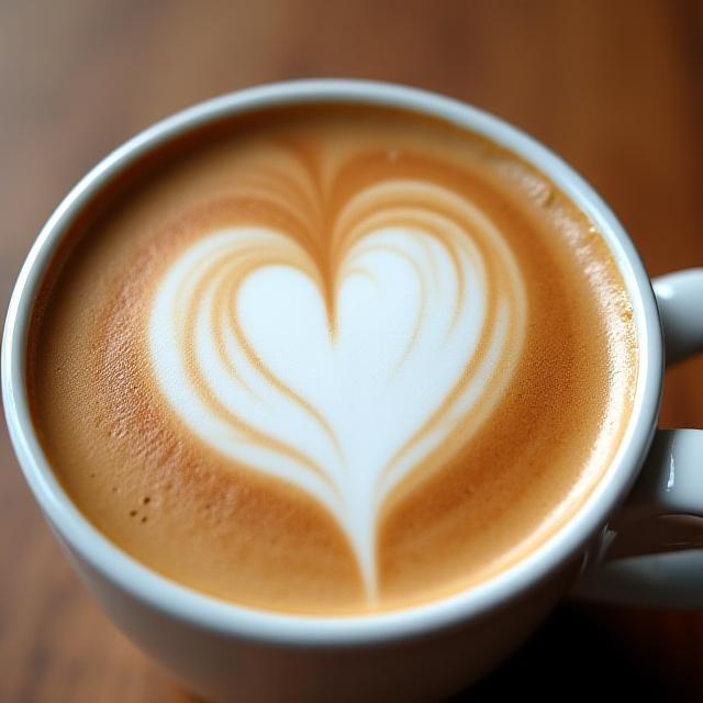 Primer plano de un café con leche con un corazón dibujado en la espuma.